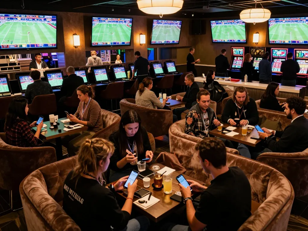 Engaged patrons in a lively MK8 sports betting lounge, placing bets and watching live sports events.