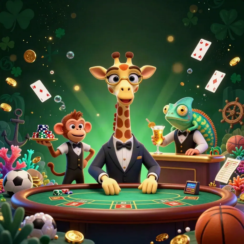 Luxury casino giraffe, monkey valet, and chameleon bartender amid treasure, coral, and glowing sports props.