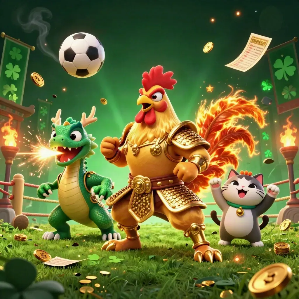 Rooster warrior, dragon hatchling, and fortune-cat amid flying ball, sparks, and gold.