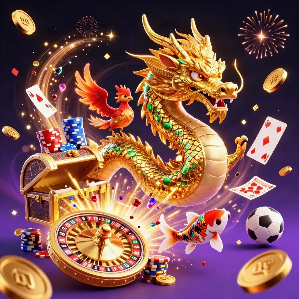 Golden dragon, phoenix, koi and casino props burst through neon light over a dark starfield.