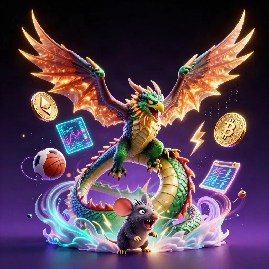 Thunder dragon, wind hawk, and spark mouse amid casino crypto icons in neon stadium light
