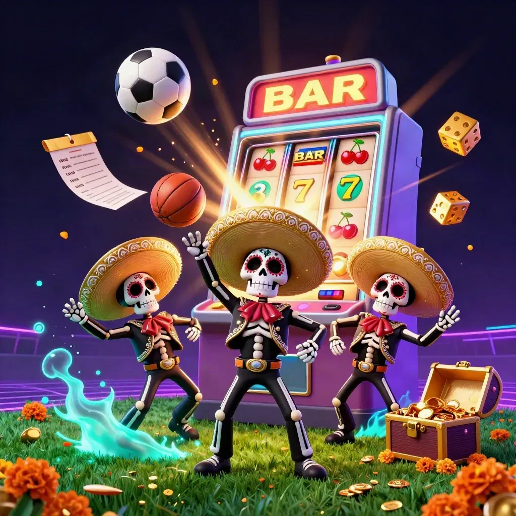 Skeleton mariachi trio amid jackpot slot burst, soccer ball, gold, and neon casino lighting.