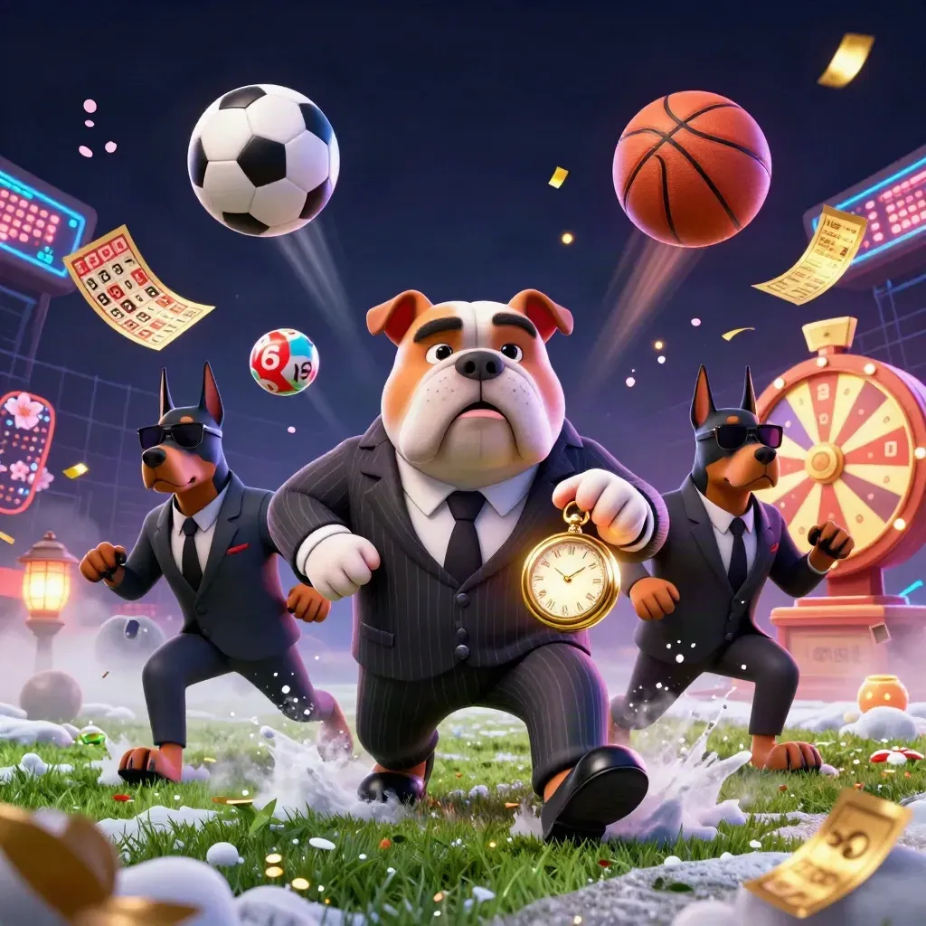 Cartoon bulldog boss and Dobermans amid casino game props in a neon stadium glow.