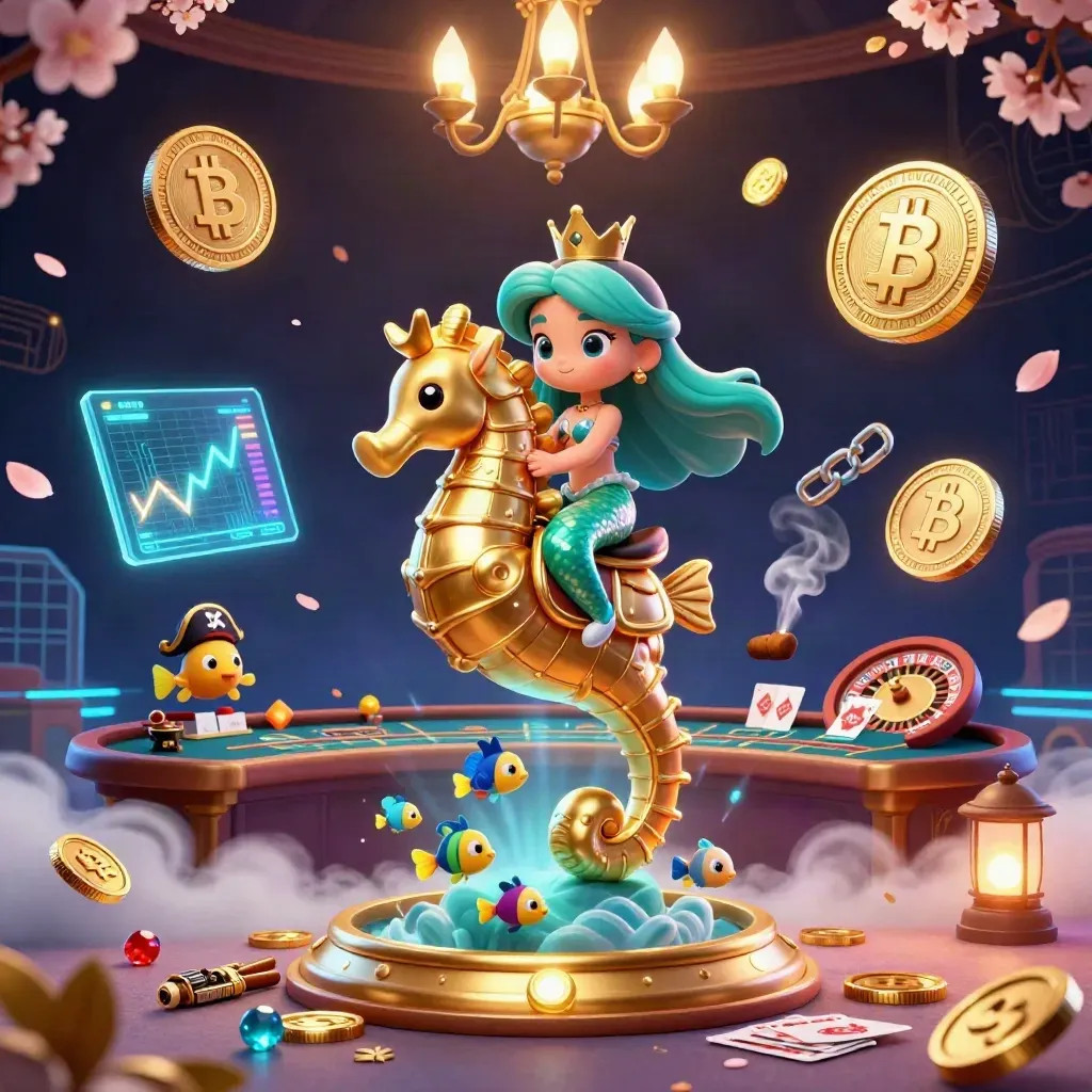 Mermaid princess on a golden seahorse amid casino lights, coins, and digital sparks.