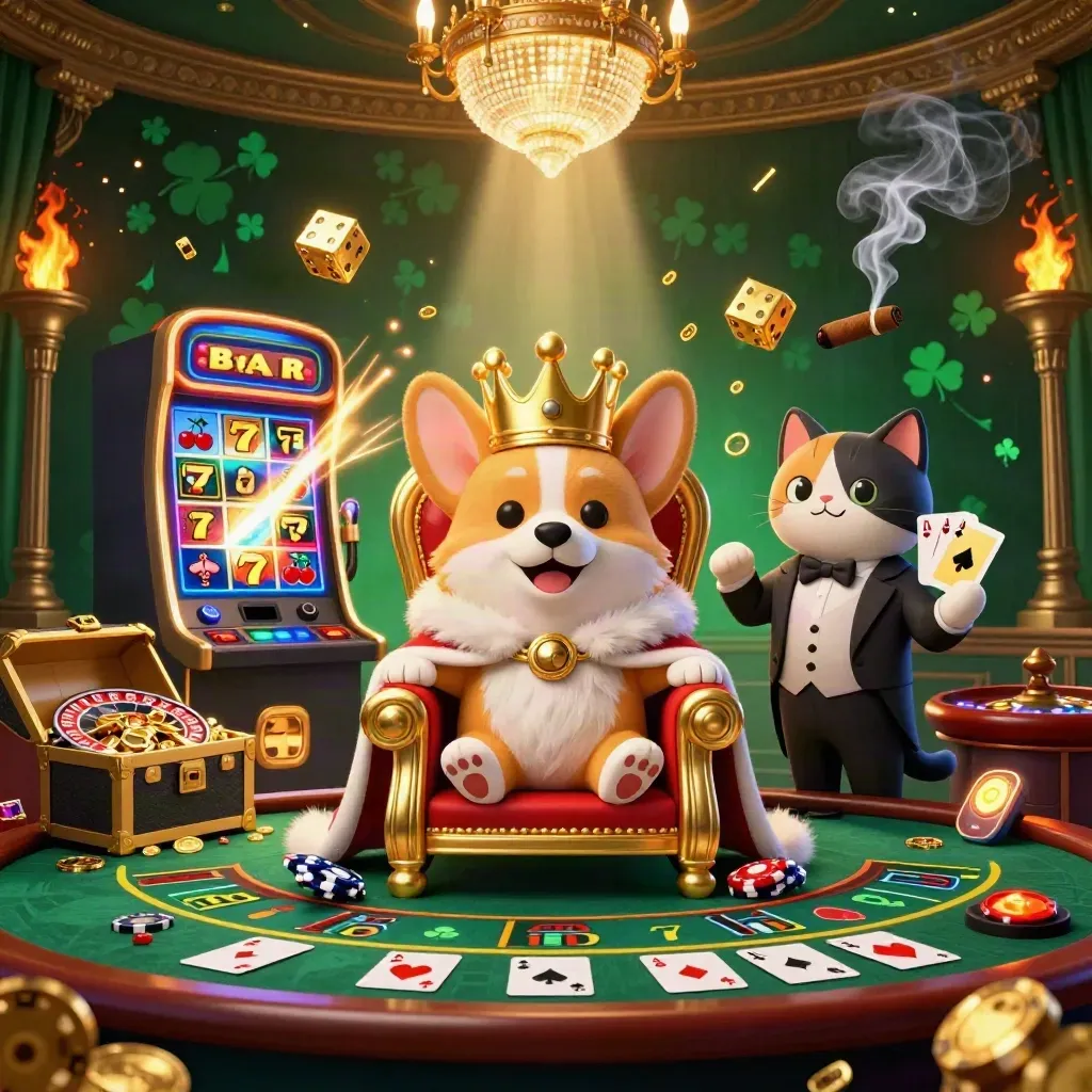 Royal corgi and cat butler in a glowing luxury casino with slots, dice, chandelier, and emerald light.