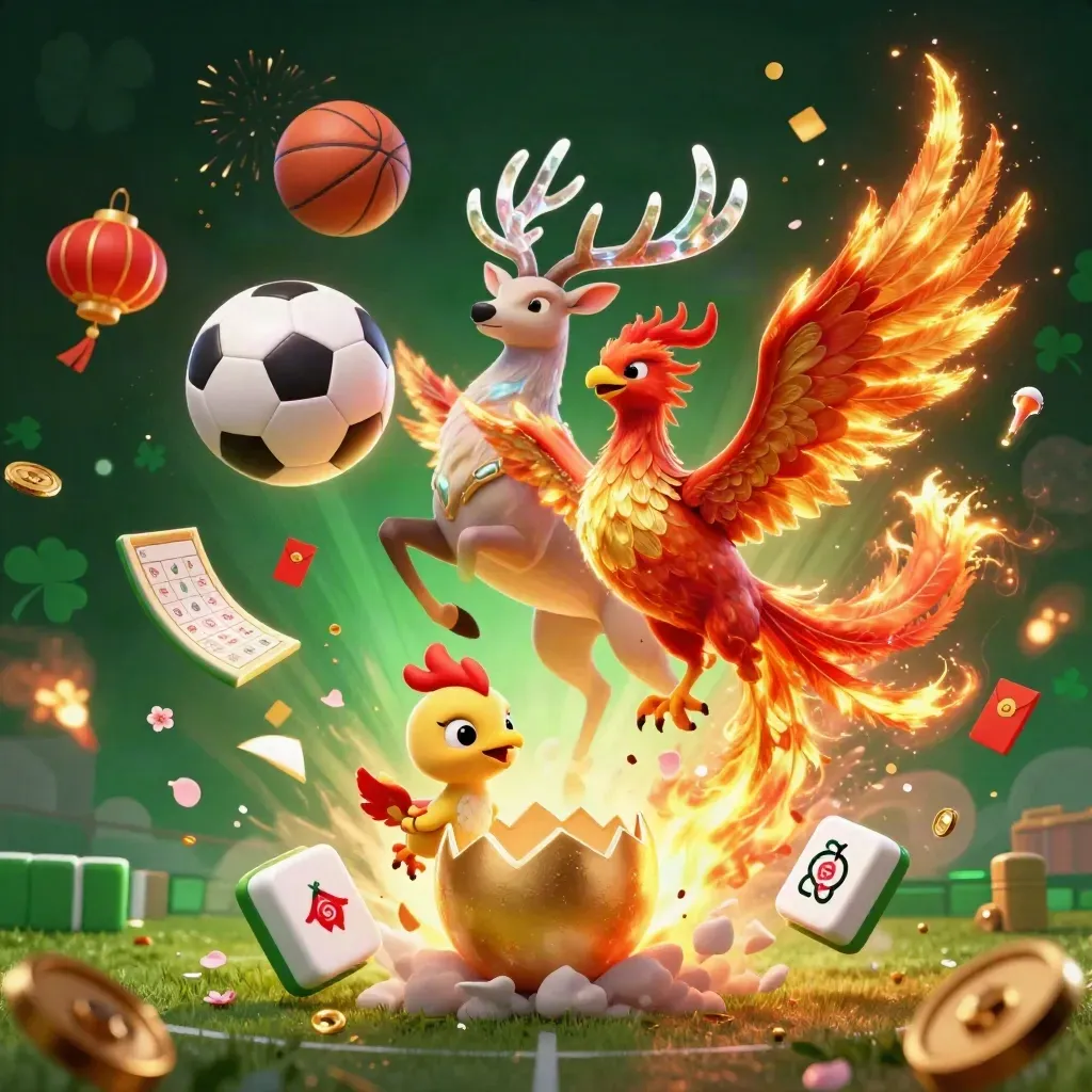 Mythic phoenix, stag, and sports balls in a neon casino fantasy scene.