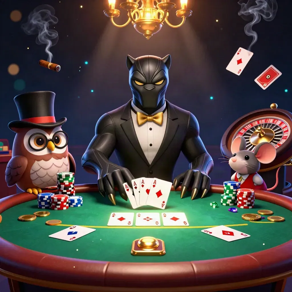 Panther, owl, and mouse at a glowing casino table with chips, cards, gold, and a roulette wheel.