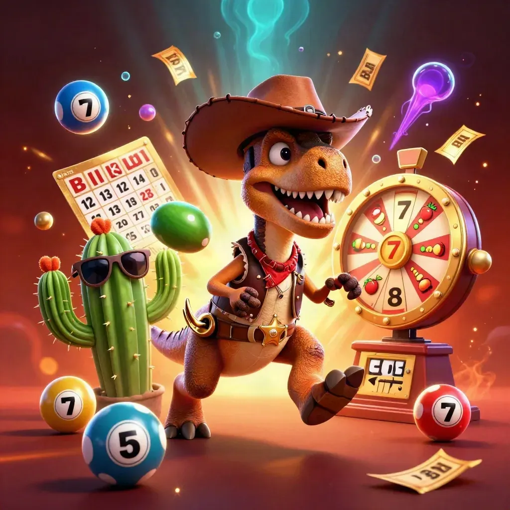 Cowboy T-Rex, cactus sidekick, and sheriff roadrunner explode amid casino game props and neon glow.