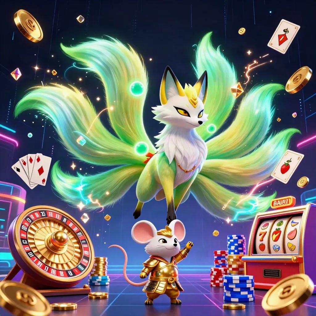 Neon nine-tailed fox spirit and armored mouse amid casino treasure, chips, cards, and spinning roulette.