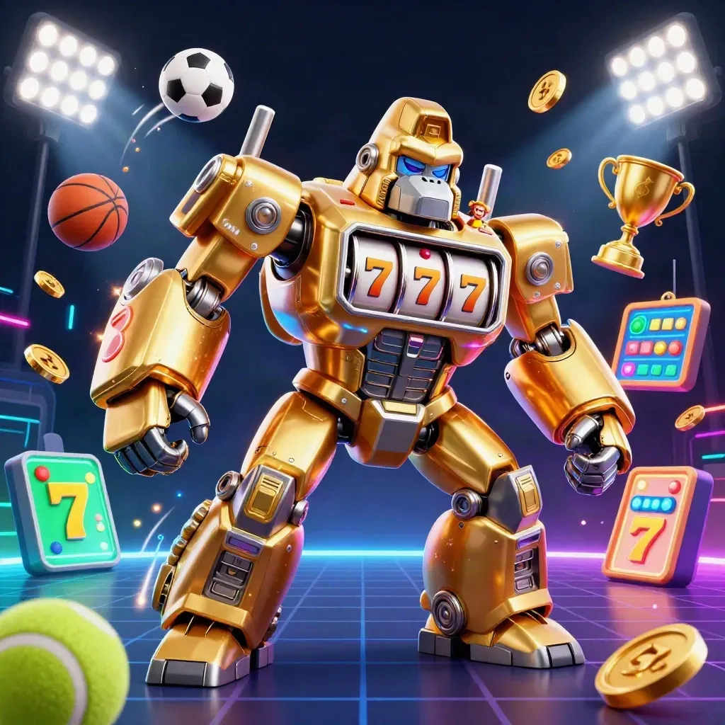 Golden gorilla mech with monkey pilot, sports balls, trophy, coins, and neon casino energy.