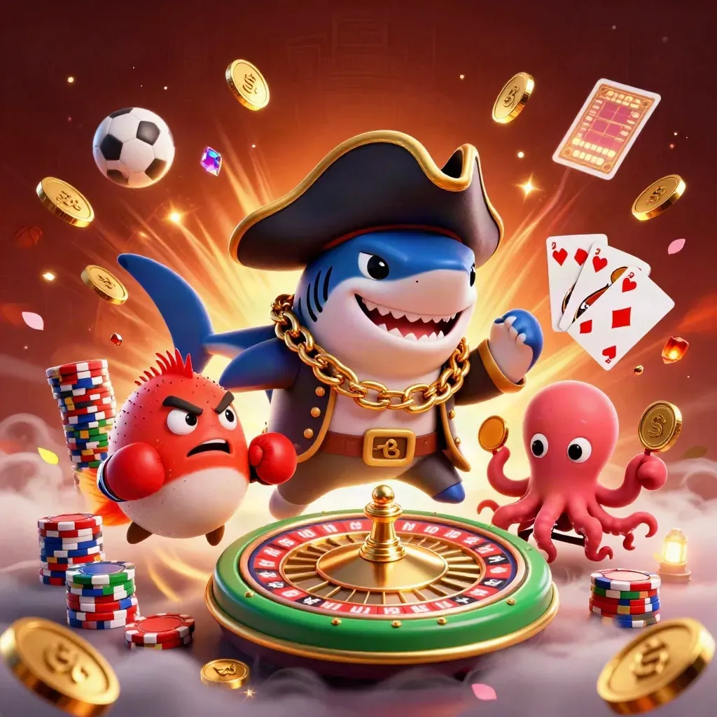 Shark pirate, boxing pufferfish, and coin-juggling octopus amid casino fireworks and sports symbols.