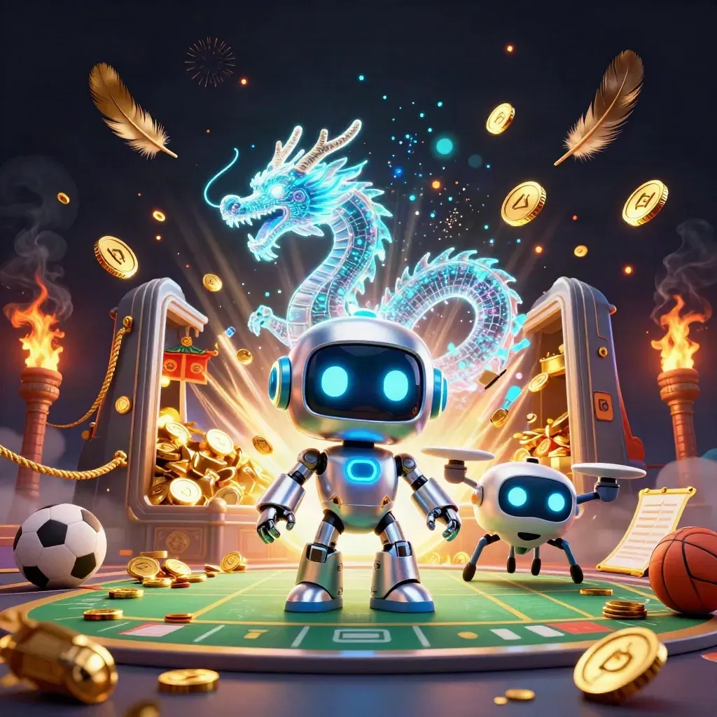 Robot mascot, holographic dragon, and coin drone amid bursting gold in a neon stadium-casino scene.