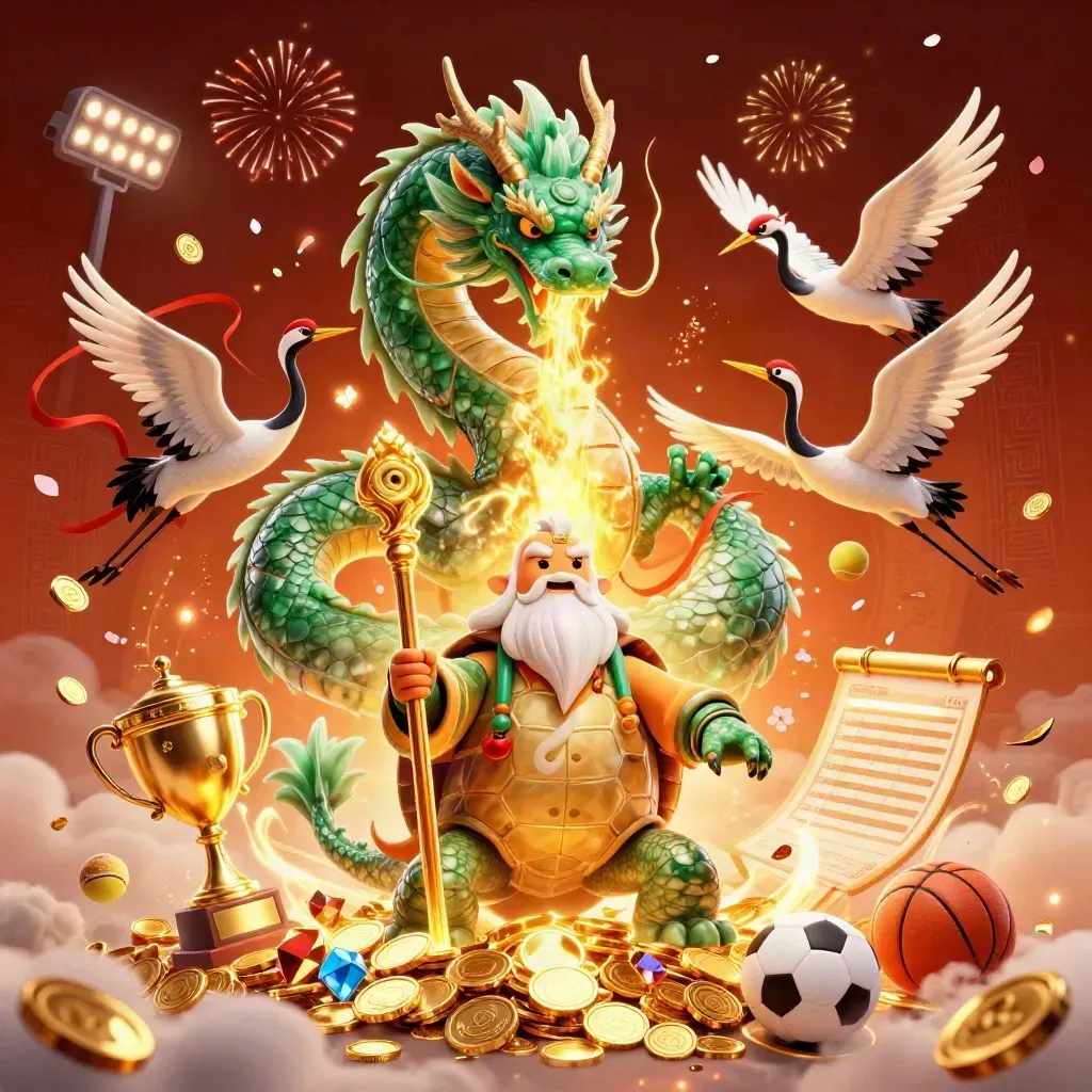 Dragon, turtle sage, and cranes amid bursting coins, sports balls, trophy, fireworks, and glowing lights.