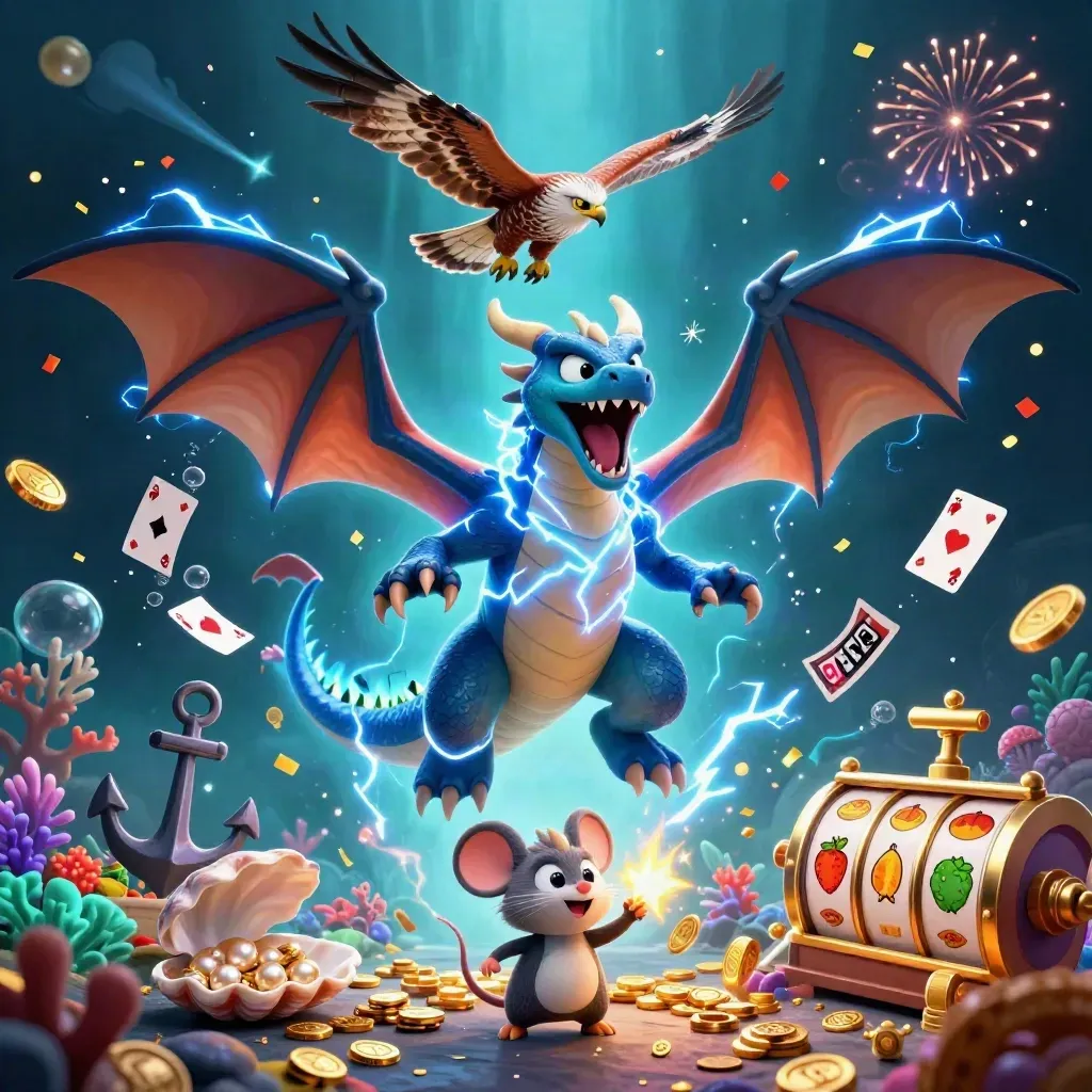 Thunder dragon, wind hawk, and static mouse in a gold-lit underwater casino treasure cove.