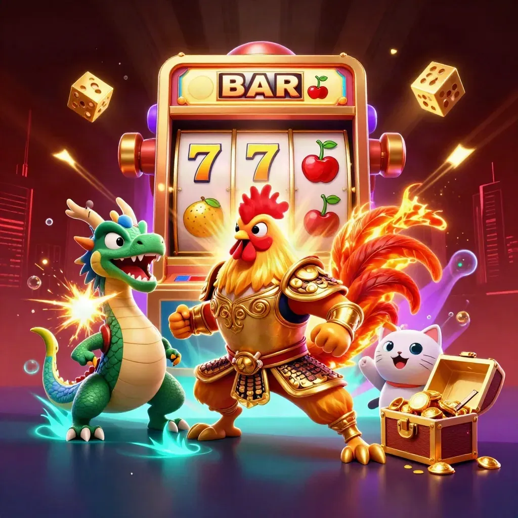 Rooster warrior, dragon hatchling, and lucky cat burst amid slot reels, gold, and neon effects.