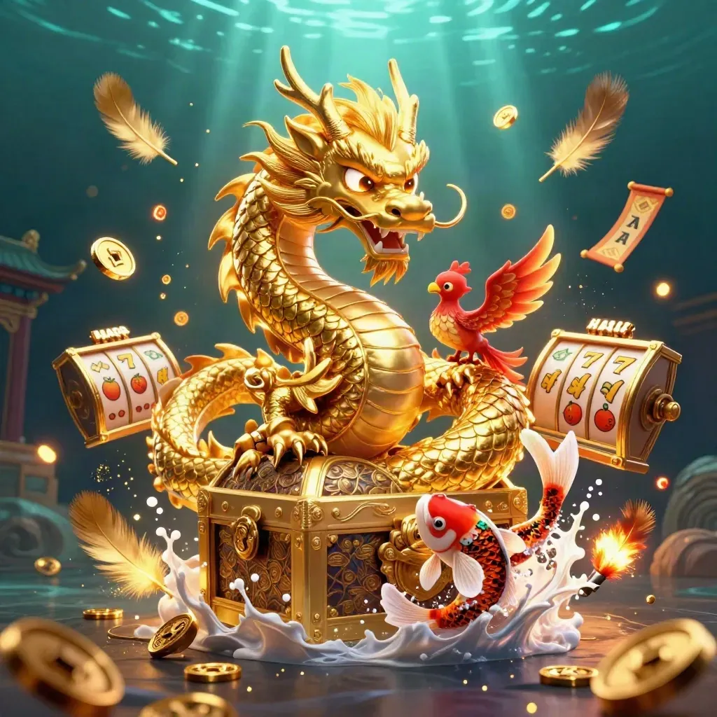 Golden dragon with phoenix and koi, treasure chest, casino reels, coins, and temple gate.