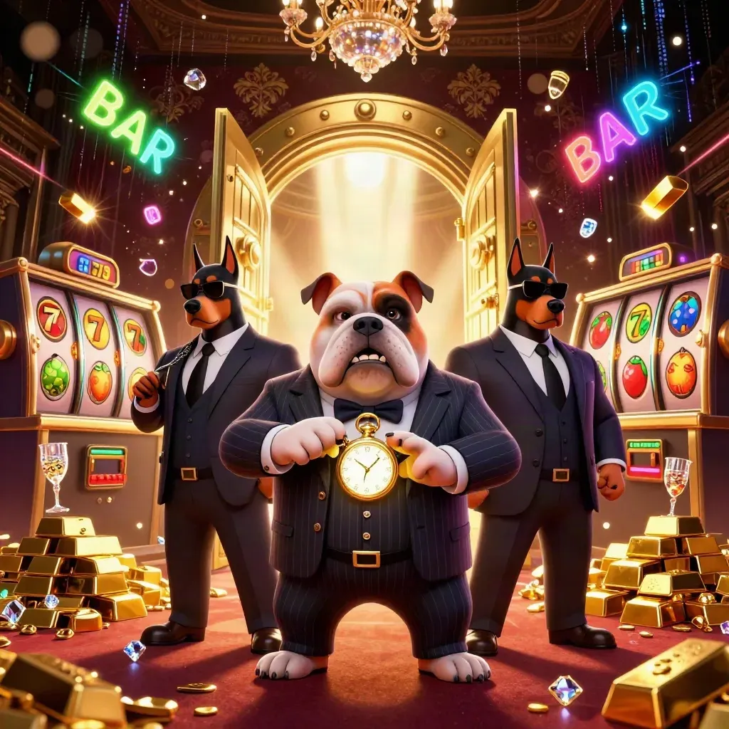 Bulldog mob boss and two Dobermans bursting from a golden vault in casino lights