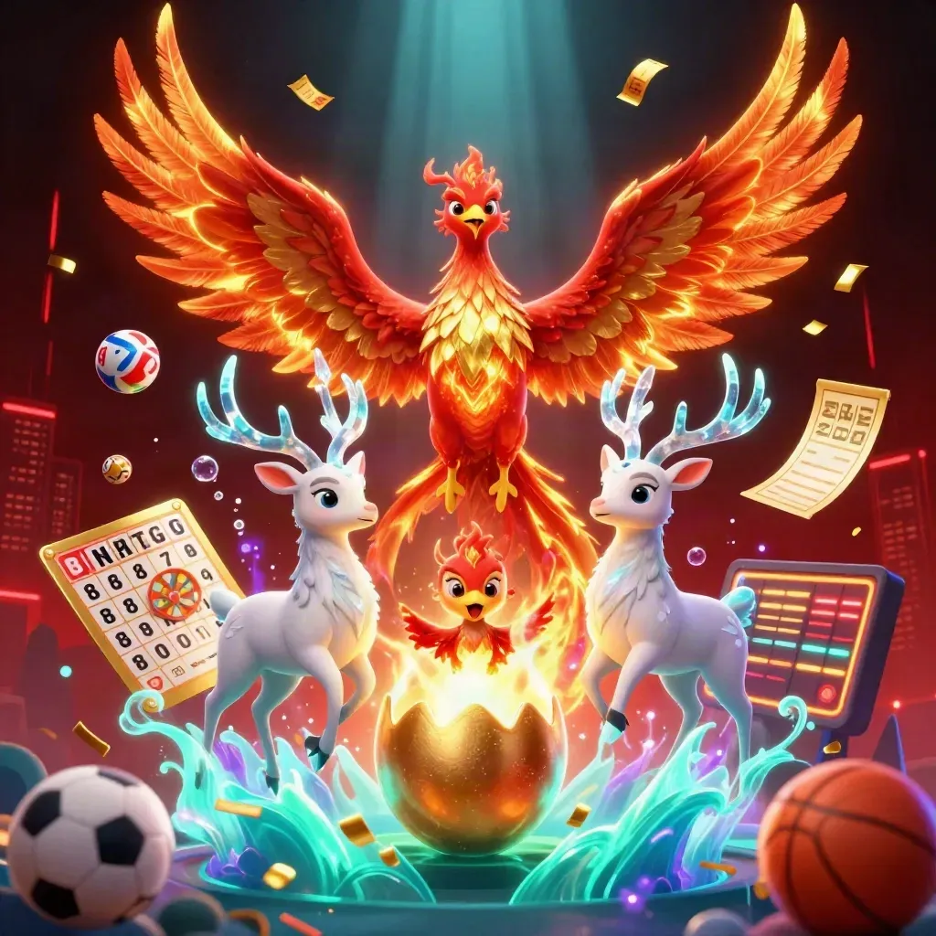 Phoenix, baby phoenix, and crystal stag amid casino prizes, sports gear, and neon lights.