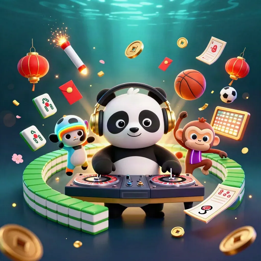 DJ panda, monkey, and neon kitten amid casino and sports props with gold sparks.