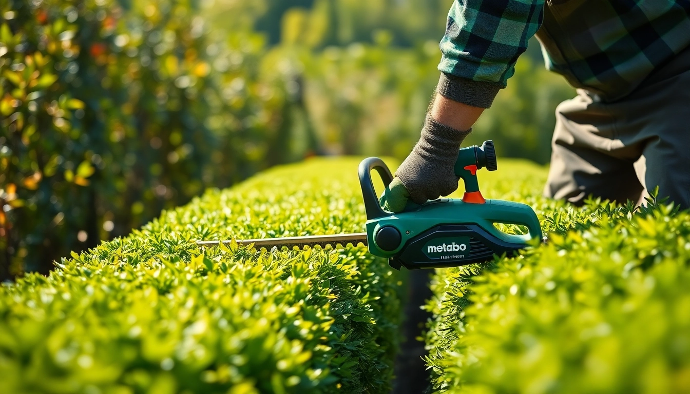 Professional landscaper using a Metabo hedge trimmer to trim lush green hedges.