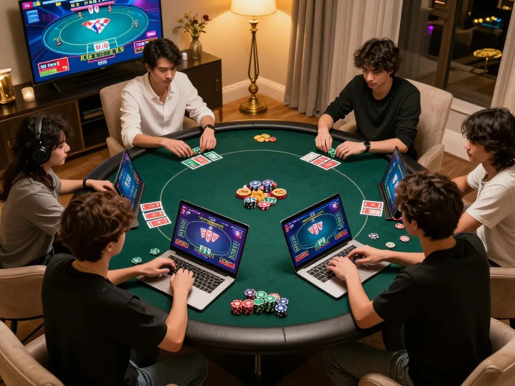 mb668 players engaging in an exciting online poker game at home with strategic gameplay.