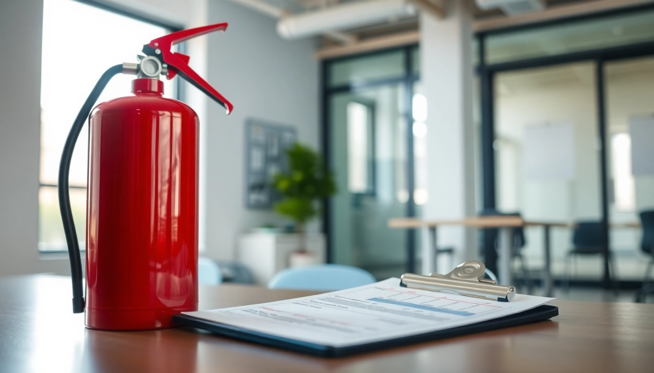 Inspecting a pass fire extinguisher in a modern office to ensure safety compliance.