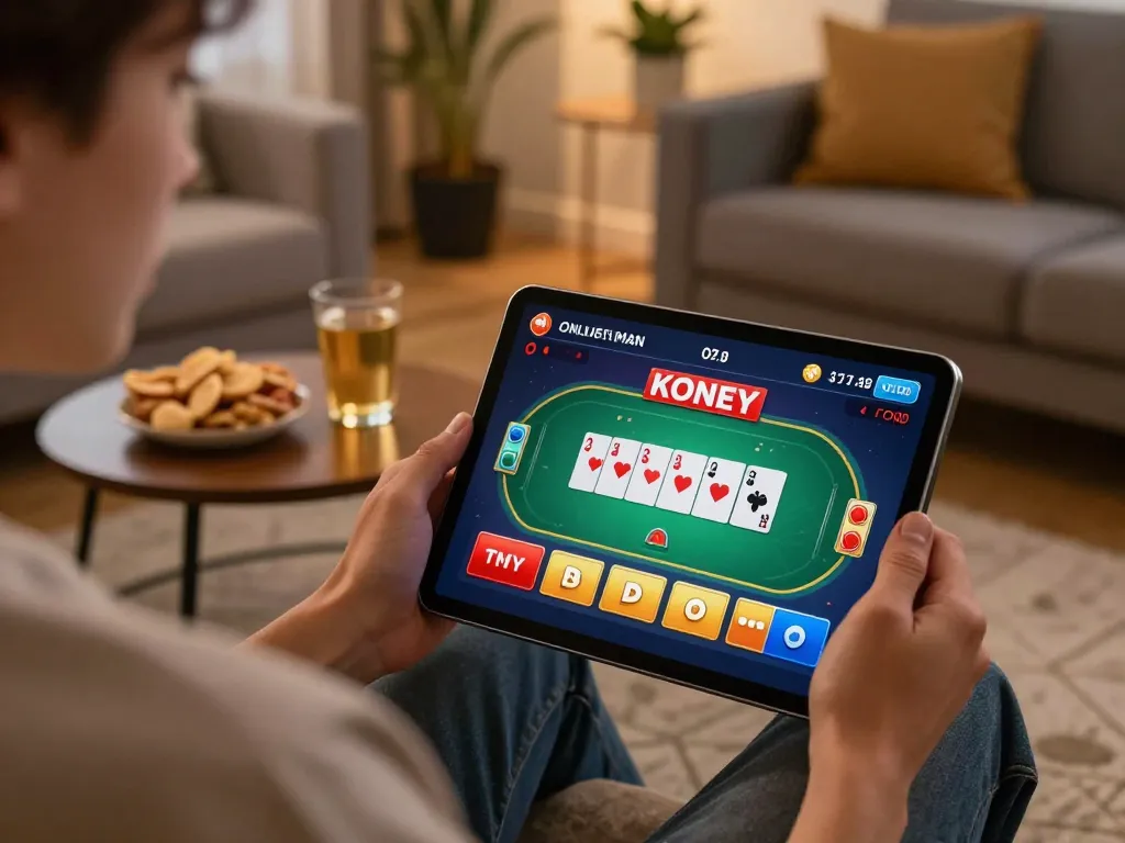 Playing poker on a tablet with 78WIN in a cozy living room setting, showcasing the online gaming experience