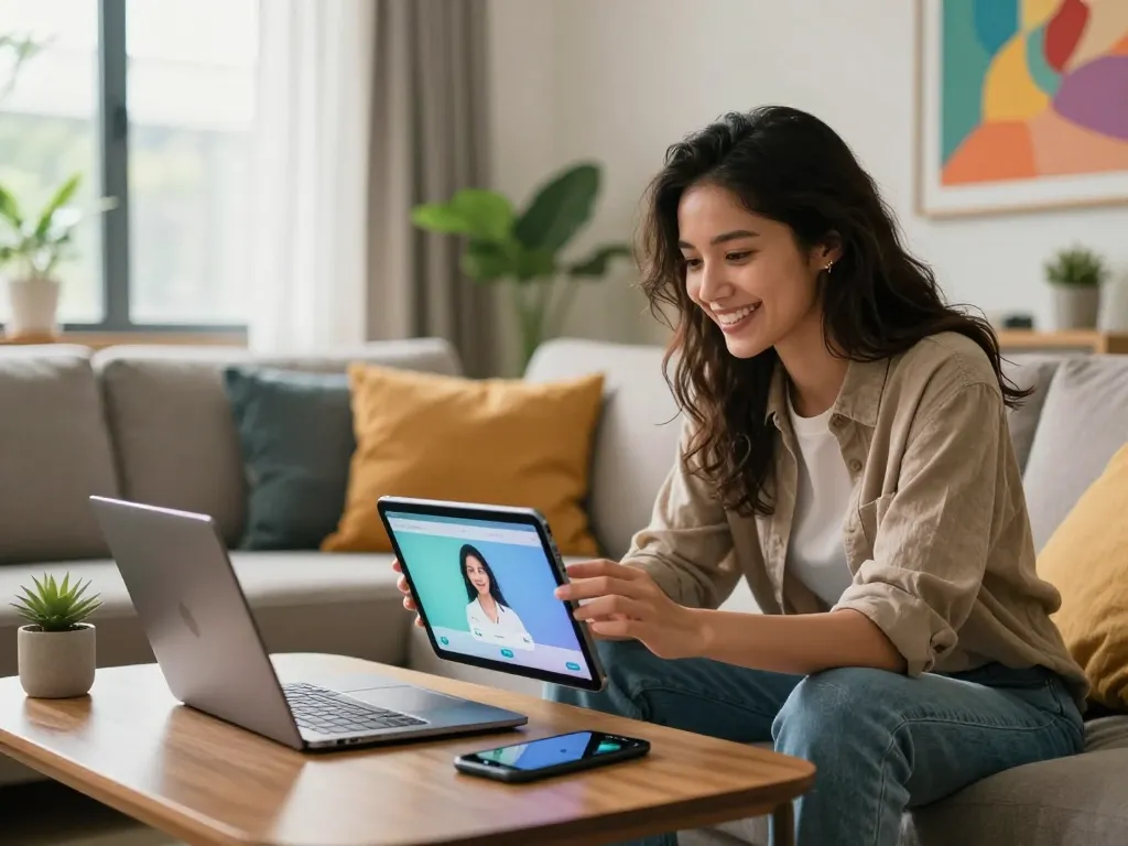 Engaging scene of a woman interacting with her AI slut companion on a tablet in a cozy living room.