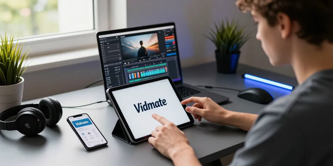 Using Vidmate APK on a tablet in a modern tech workspace for video downloads and editing.