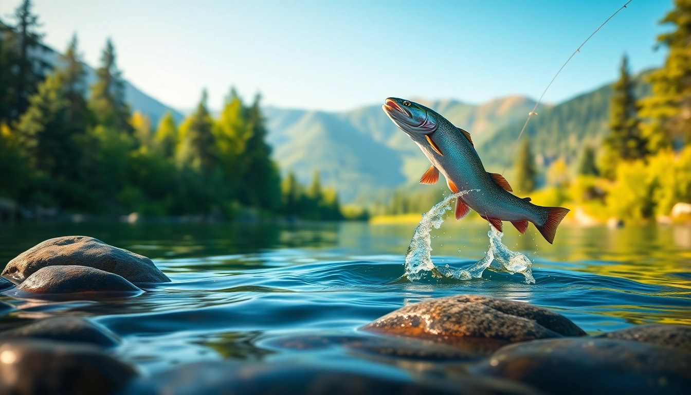 Angler showcasing a fly fishing tippet as a trout leaps from a serene river.