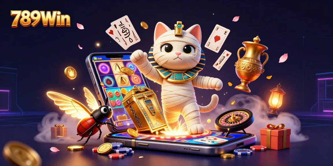Impressive 3D illustration showcasing the 789Win platform with a mummy cat, golden coins, and dynamic casino elements.