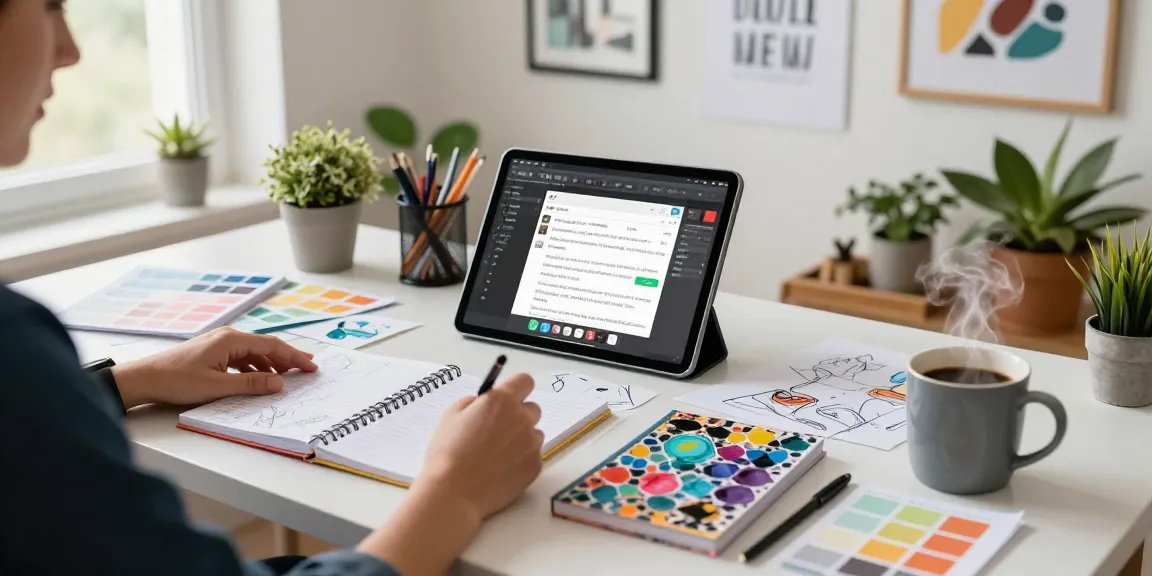 Designer creating custom printed notebooks with vibrant designs at a modern workspace.