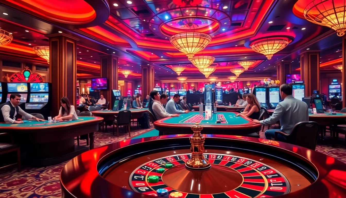 Exciting gaming atmosphere at nhà cái 79king casino with engaged players and roulette.