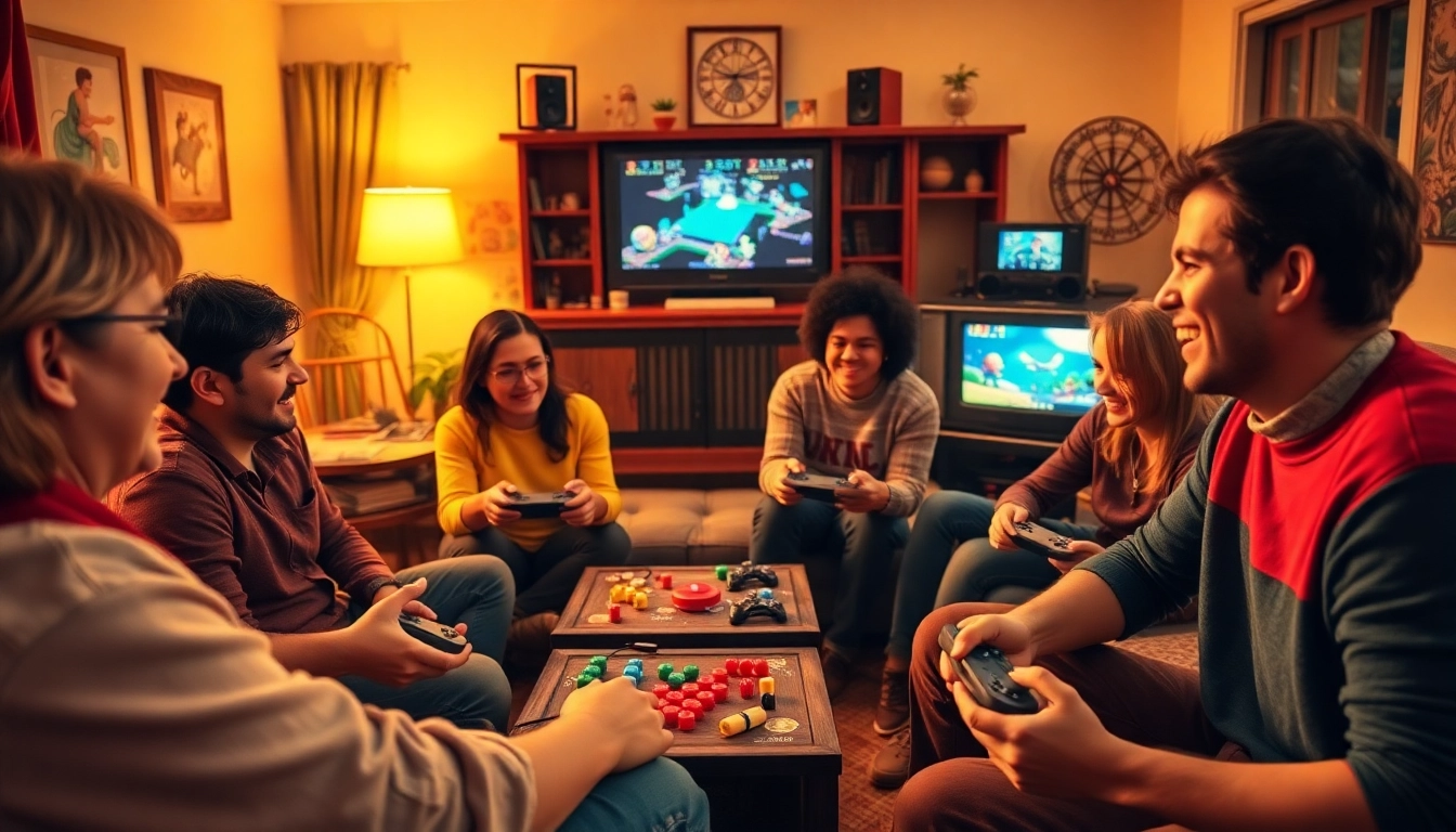 Diverse group enjoying classic games together, evoking nostalgia in a cozy setting.