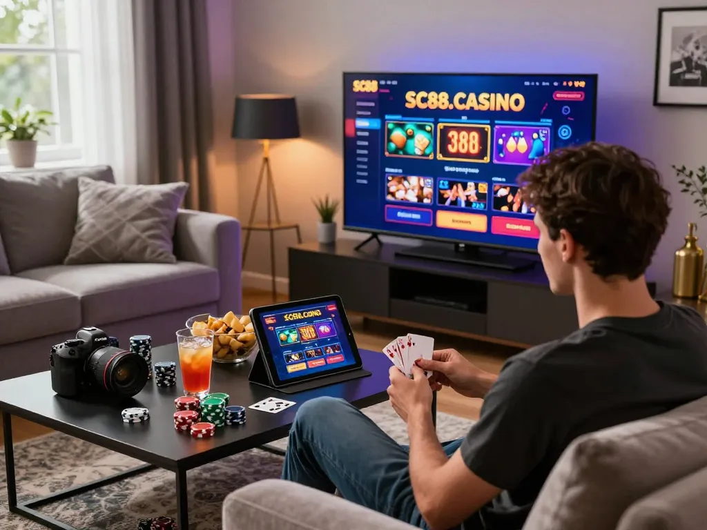 Player enjoying online gaming experience at SC88.CASINO, showcasing luxurious home setting and vibrant atmosphere.