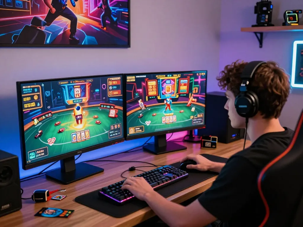 Engaged player experiencing rik vip online gaming with vibrant setups and accessories.