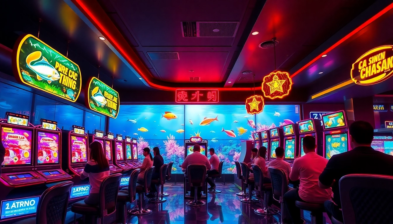 Engaging scene of players experiencing bắn cá đổi thưởng, celebrating fish catches for real rewards in a vibrant casino.