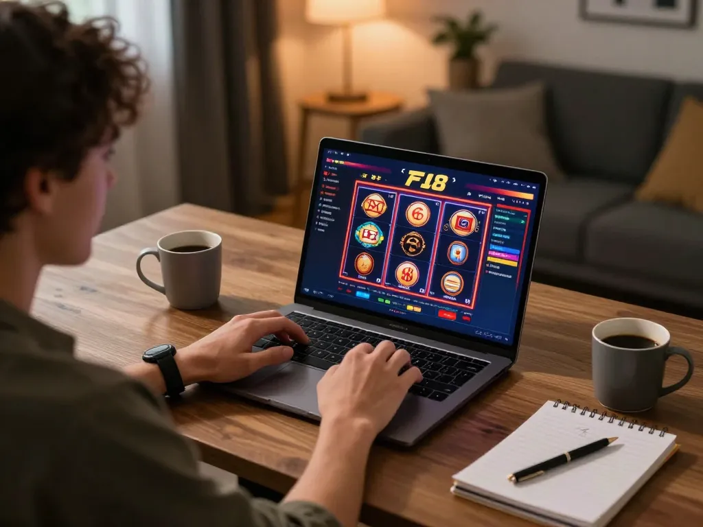 Player engaging with F168 online casino interface on a modern laptop, showcasing strategic gameplay.