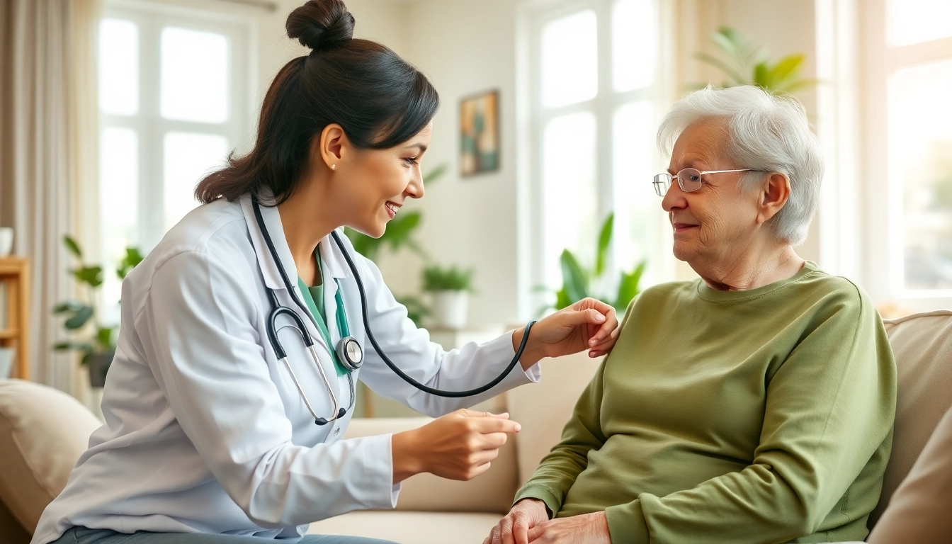 Providing compassionate at home health care in a bright living room setting with a caregiver.
