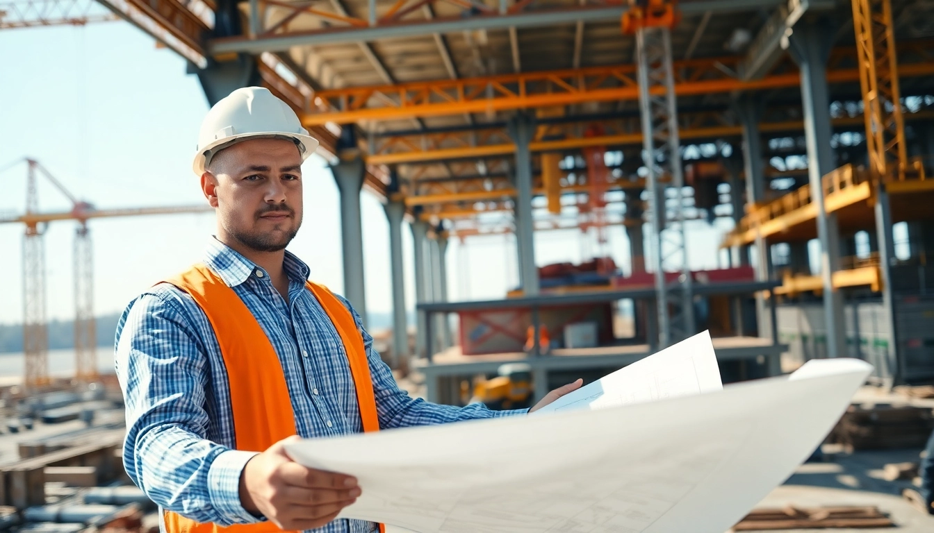 New Jersey Construction Manager overseeing a busy construction site with blueprints.