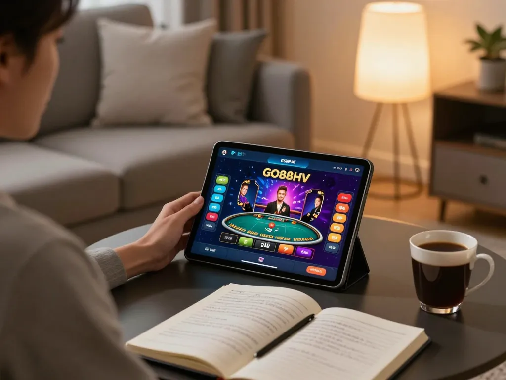 Player engaging with GO88HV app on tablet in a cozy living room, showcasing engaging mobile gameplay.