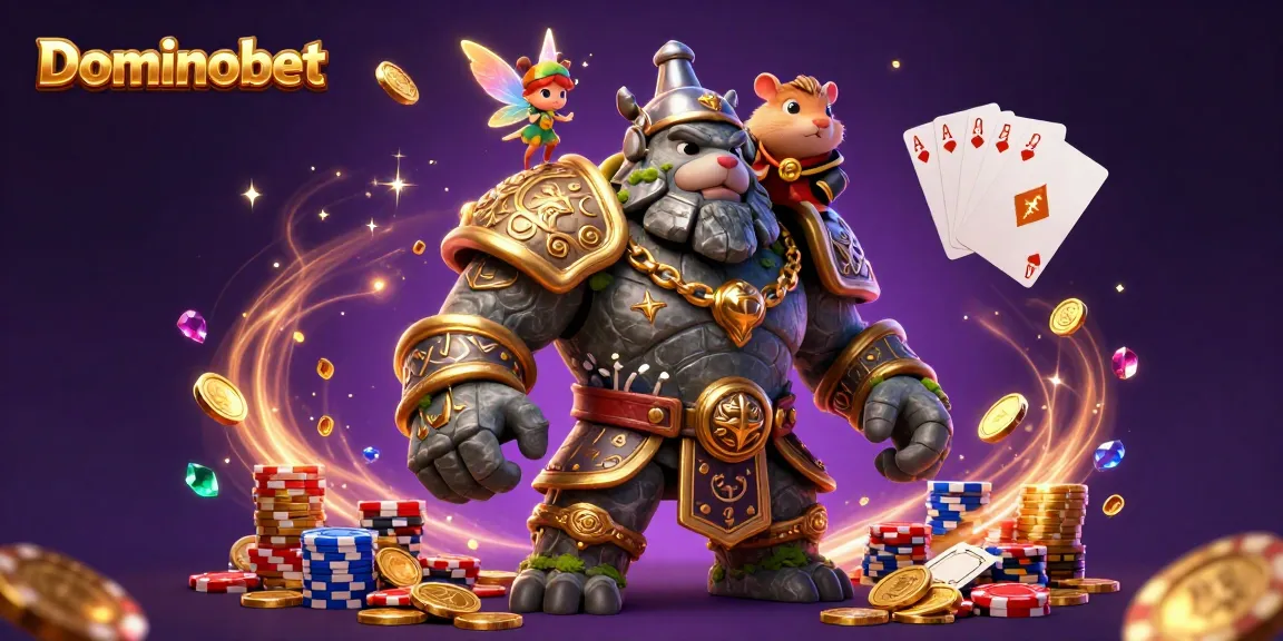 Experience thrilling poker action with Dominobet's enchanting illustration featuring magical characters and casino elements.