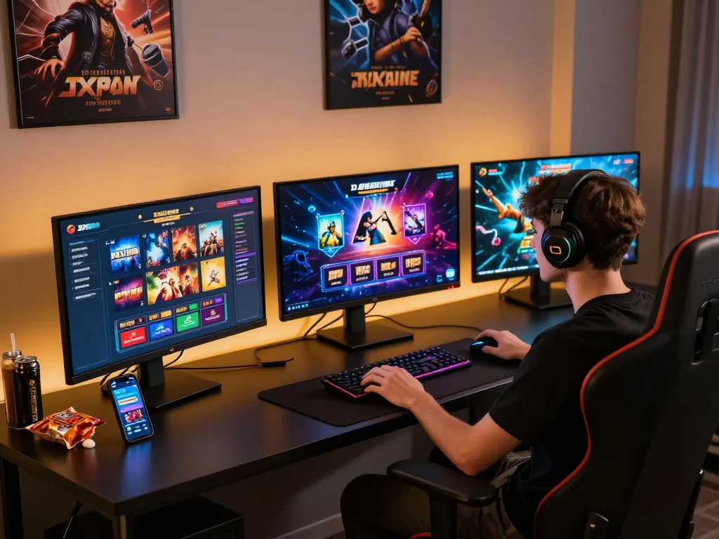 Youthful gamer at a vibrant BJ888 online casino setup, showcasing immersive games, the app interface, and a dynamic desk environment.