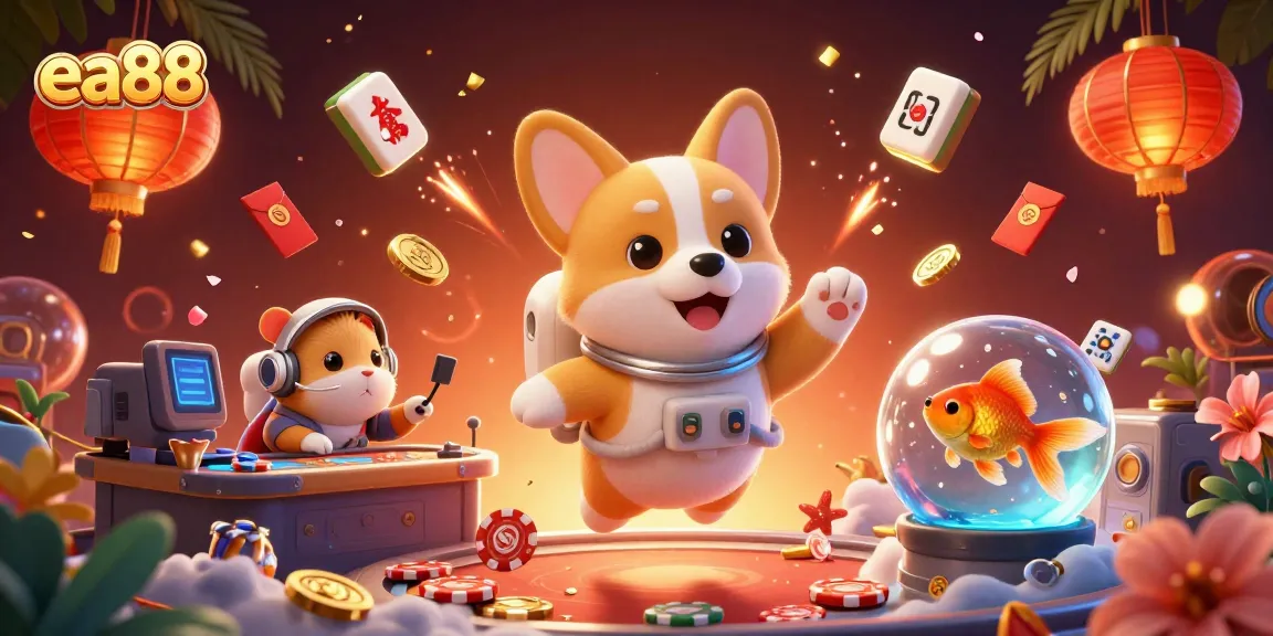 ea88 themed illustration of a space station casino with a corgi and friends enjoying the games