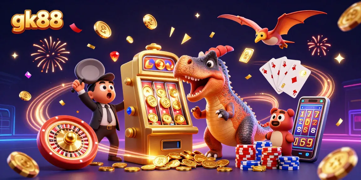 Experience thrilling jackpots with gk88, featuring a dinosaur and vibrant casino action.