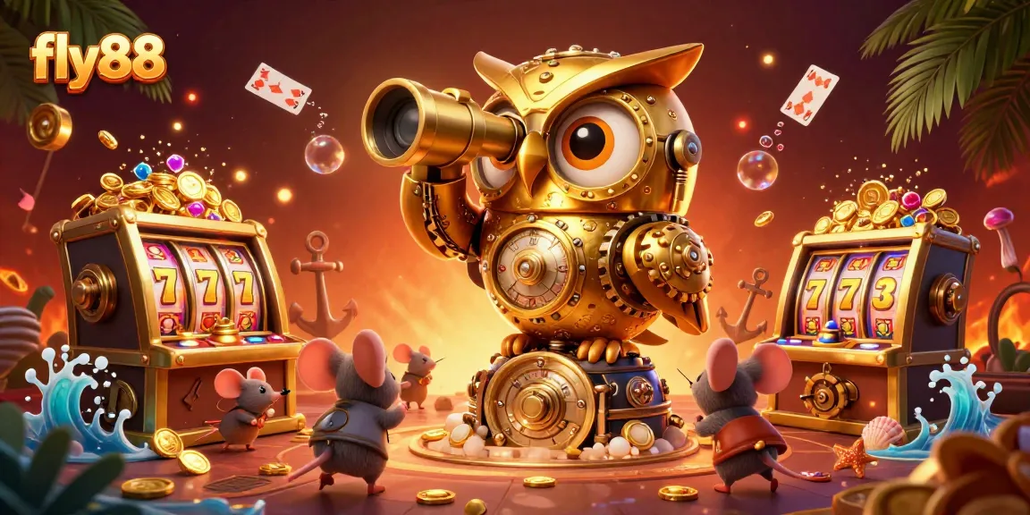 Experience the thrill of fly88 with vibrant casino elements and a golden owl in action.