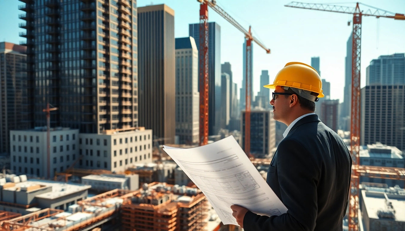 New York Construction Manager examining blueprints at an active construction site in Manhattan.