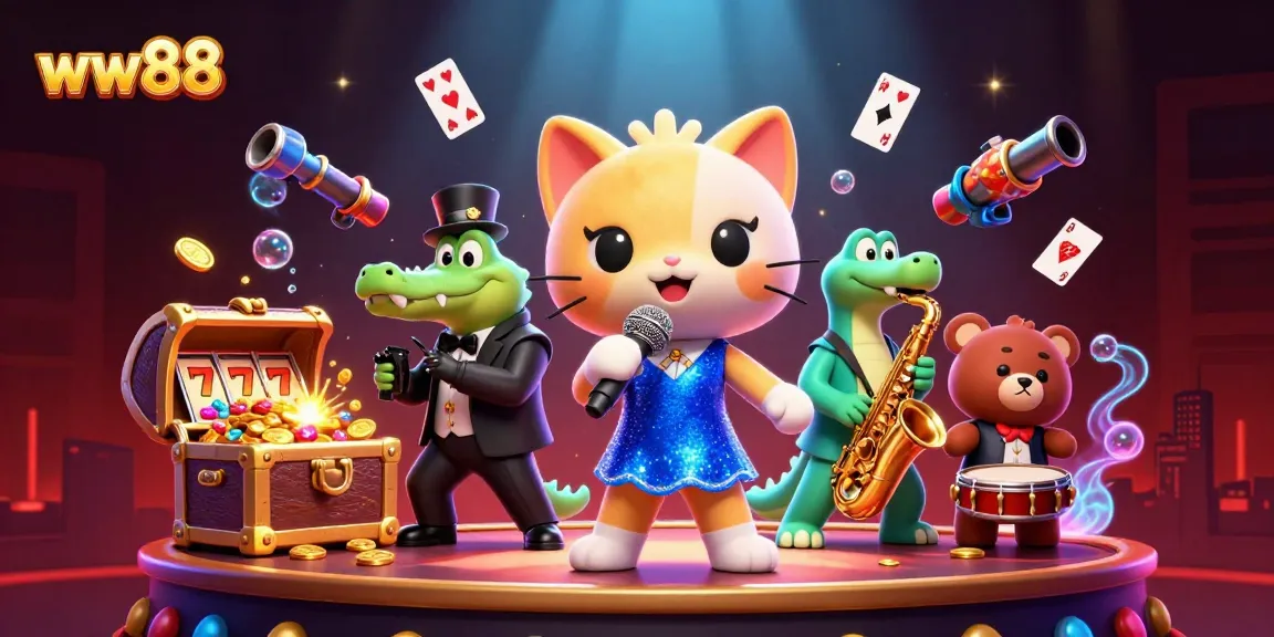 ww88 offers vibrant casino entertainment featuring a singing cat, a saxophonist crocodile, and a drumming bear in a colorful slot environment.