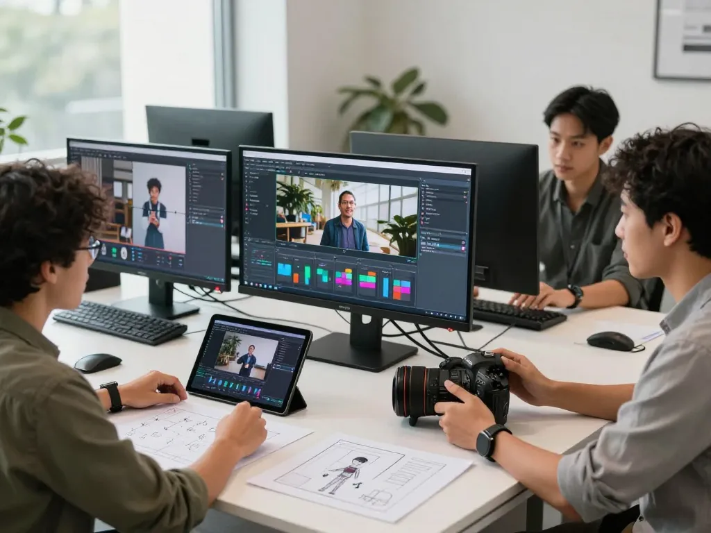 Creative team using mind control AI for video generation, showcasing innovative technology and collaboration.