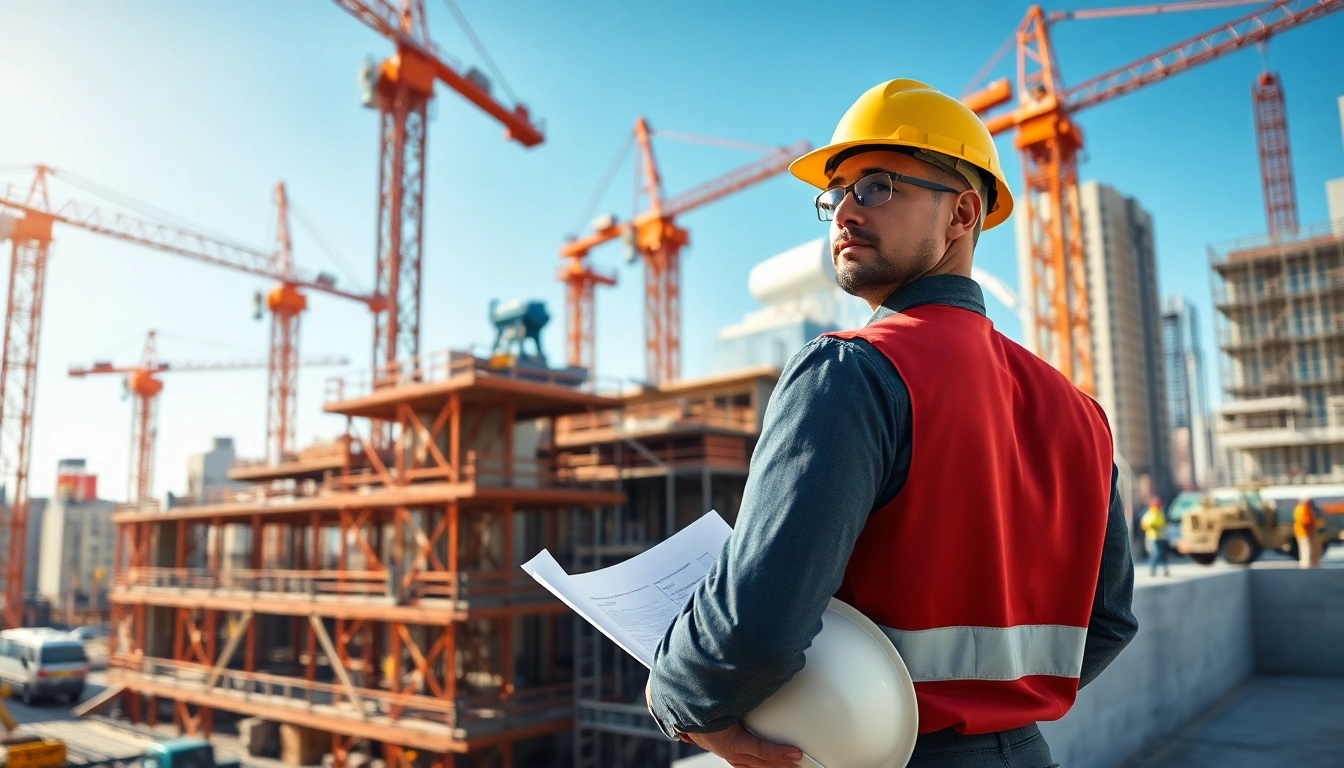 New York Construction Manager analyzing plans on a dynamic construction site with workers.